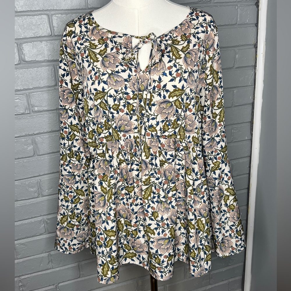 Floral Print Long-Sleeve Peasant Top - Cream/Olive - Picture 2 of 15